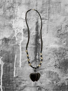 Hand Crafted Black Heart Pendant Necklace with Cream Bead Accents